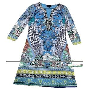 Hale Bob Jersey Knit Long Sleeve Split Neck Floral Dress Womens M Stretch Lined